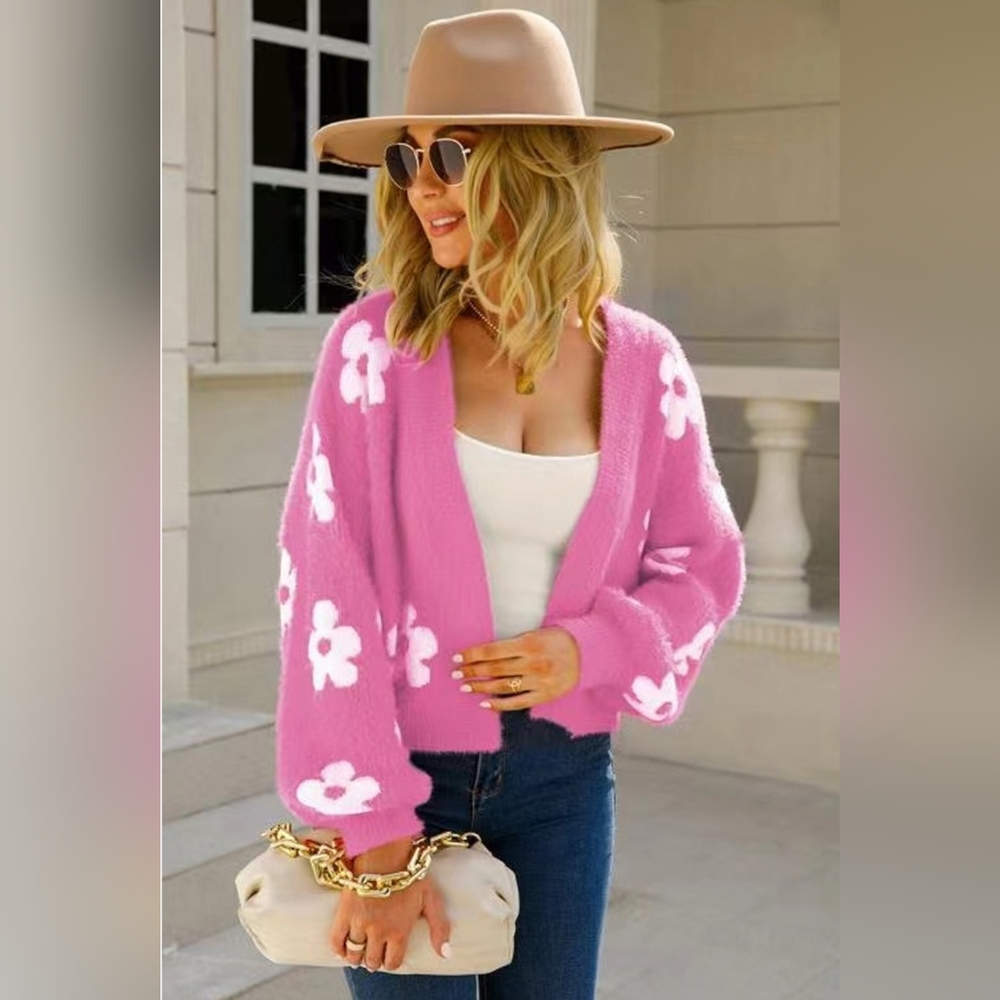 Pink Fuzzy Daisy Flower Cardigan